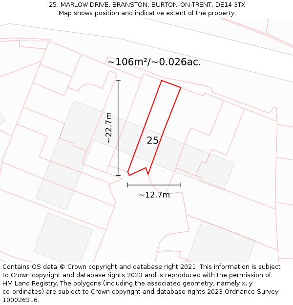 25, MARLOW DRIVE, BRANSTON, BURTON-ON-TRENT, DE14 3TX: Plot and title map