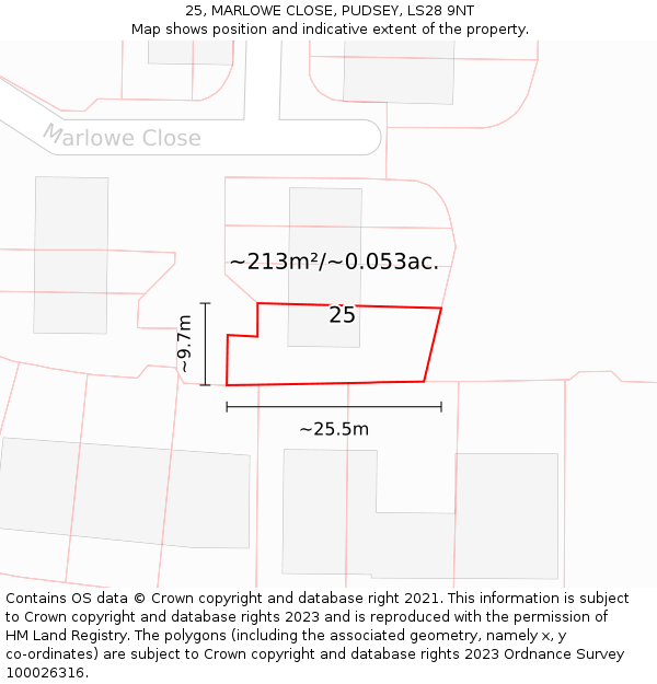 25, MARLOWE CLOSE, PUDSEY, LS28 9NT: Plot and title map