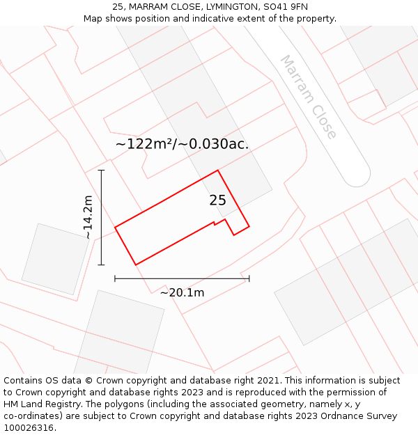 25, MARRAM CLOSE, LYMINGTON, SO41 9FN: Plot and title map