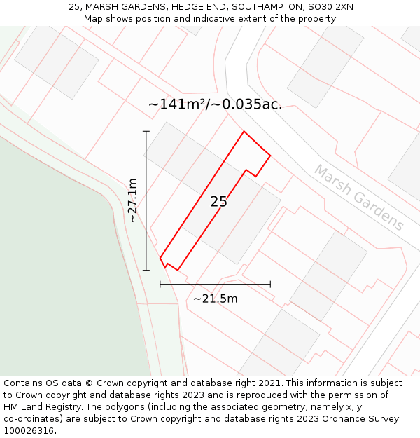 25, MARSH GARDENS, HEDGE END, SOUTHAMPTON, SO30 2XN: Plot and title map