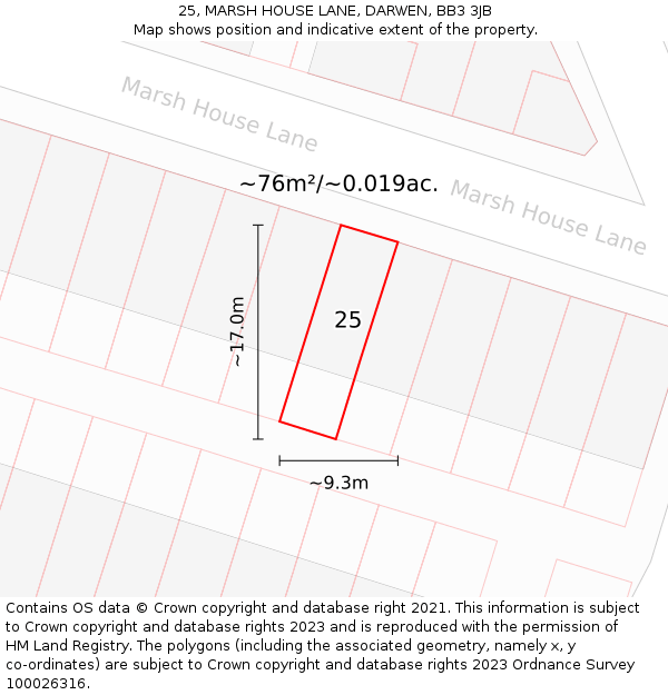 25, MARSH HOUSE LANE, DARWEN, BB3 3JB: Plot and title map