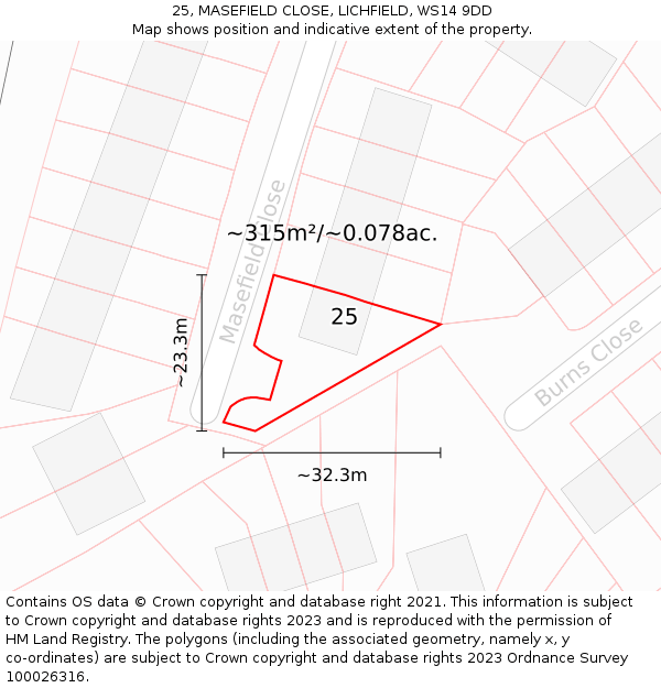 25, MASEFIELD CLOSE, LICHFIELD, WS14 9DD: Plot and title map