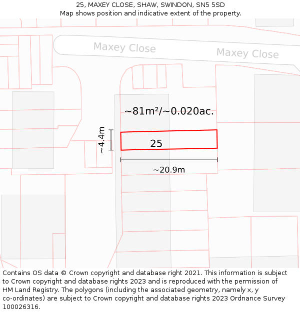 25, MAXEY CLOSE, SHAW, SWINDON, SN5 5SD: Plot and title map