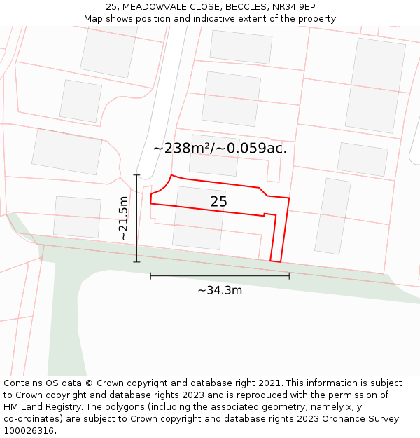 25, MEADOWVALE CLOSE, BECCLES, NR34 9EP: Plot and title map