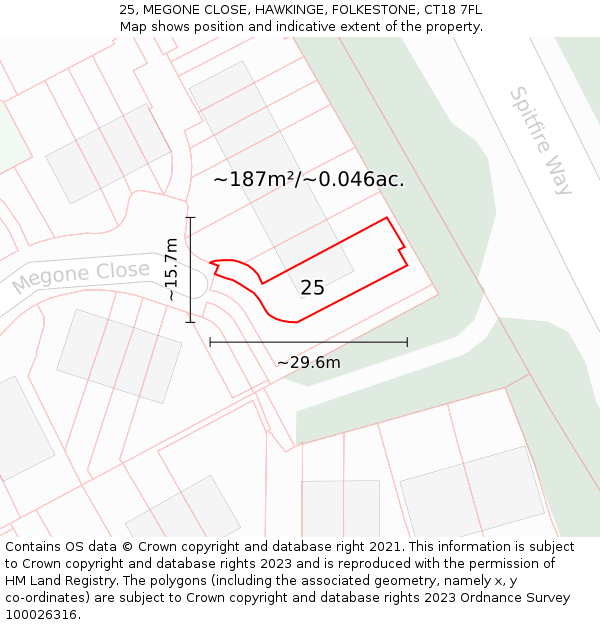 25, MEGONE CLOSE, HAWKINGE, FOLKESTONE, CT18 7FL: Plot and title map