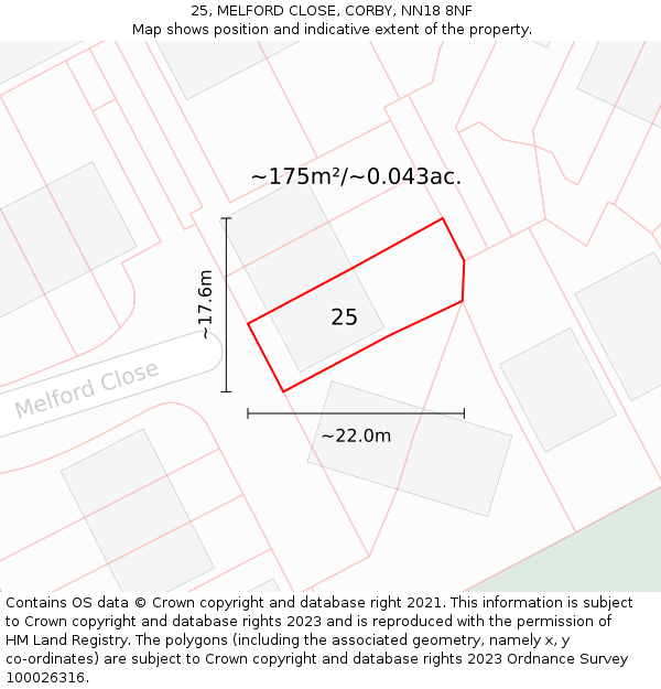 25, MELFORD CLOSE, CORBY, NN18 8NF: Plot and title map