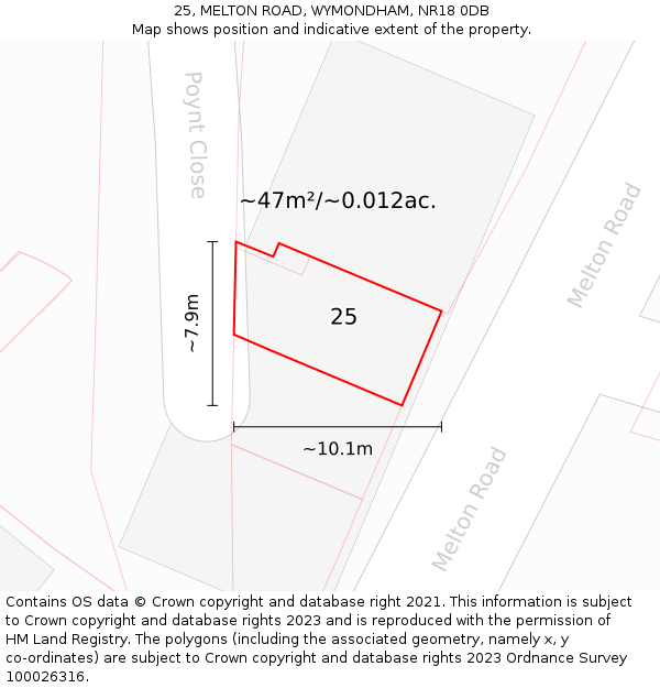 25, MELTON ROAD, WYMONDHAM, NR18 0DB: Plot and title map