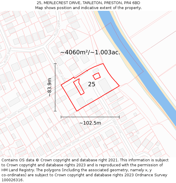 25, MERLECREST DRIVE, TARLETON, PRESTON, PR4 6BD: Plot and title map