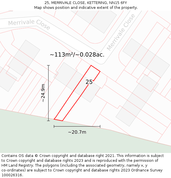 25, MERRIVALE CLOSE, KETTERING, NN15 6FY: Plot and title map