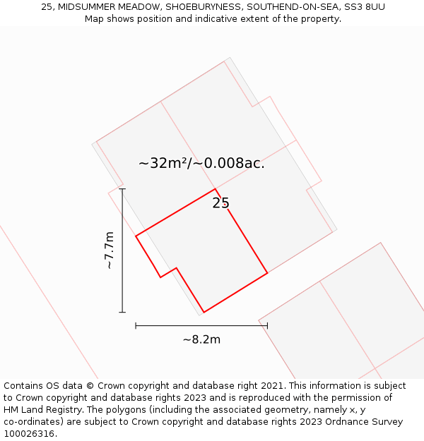 25, MIDSUMMER MEADOW, SHOEBURYNESS, SOUTHEND-ON-SEA, SS3 8UU: Plot and title map