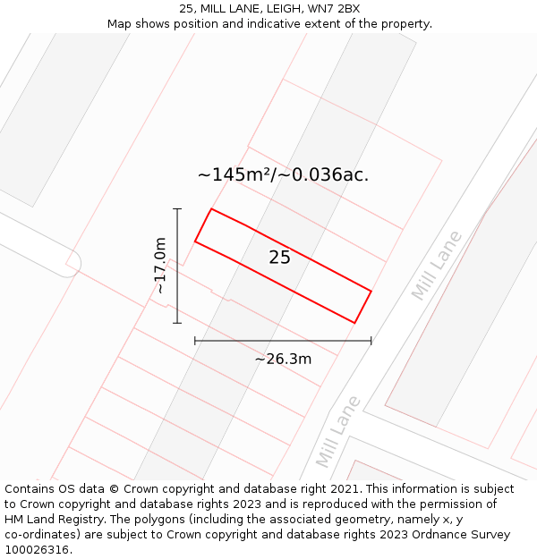 25, MILL LANE, LEIGH, WN7 2BX: Plot and title map