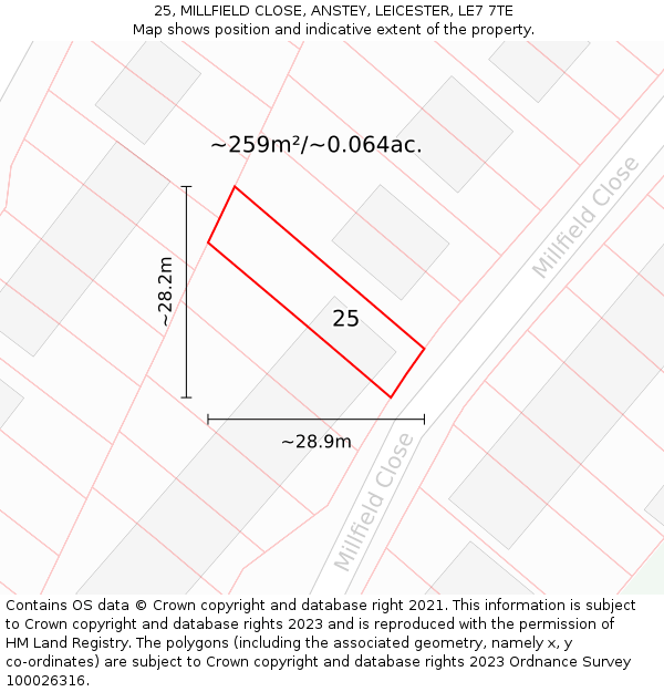 25, MILLFIELD CLOSE, ANSTEY, LEICESTER, LE7 7TE: Plot and title map