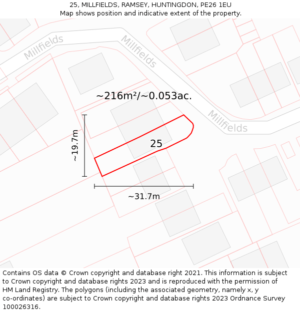 25, MILLFIELDS, RAMSEY, HUNTINGDON, PE26 1EU: Plot and title map