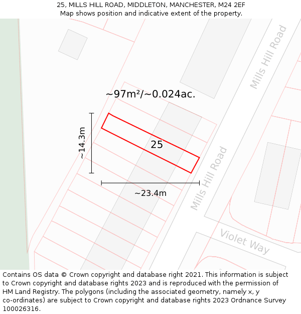 25, MILLS HILL ROAD, MIDDLETON, MANCHESTER, M24 2EF: Plot and title map