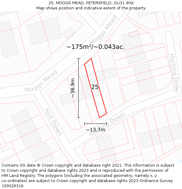 25, MOGGS MEAD, PETERSFIELD, GU31 4NX: Plot and title map