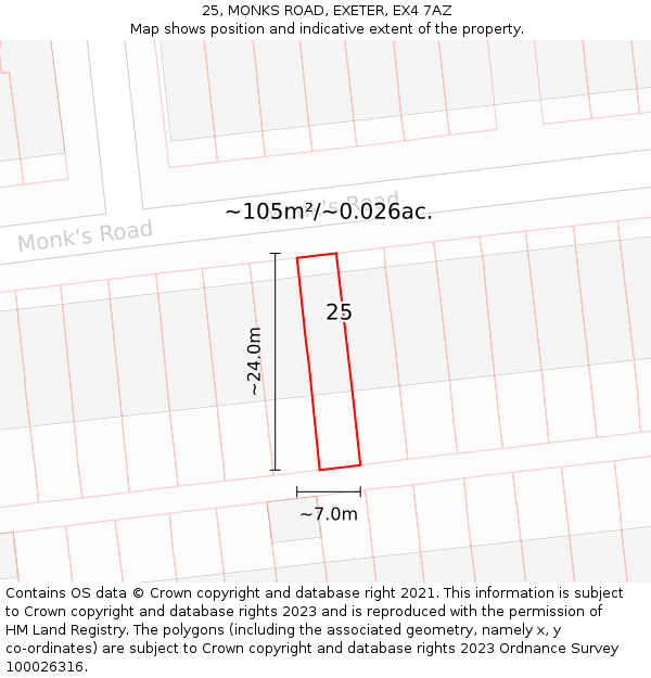 25, MONKS ROAD, EXETER, EX4 7AZ: Plot and title map