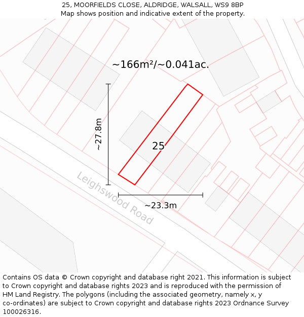 25, MOORFIELDS CLOSE, ALDRIDGE, WALSALL, WS9 8BP: Plot and title map