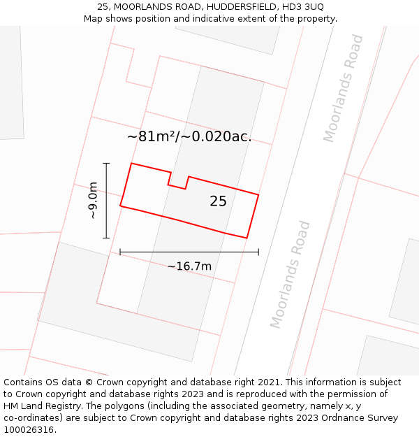 25, MOORLANDS ROAD, HUDDERSFIELD, HD3 3UQ: Plot and title map