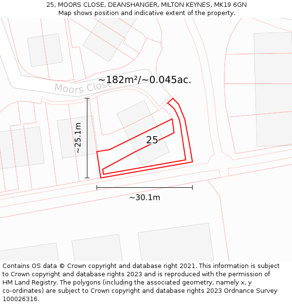 25, MOORS CLOSE, DEANSHANGER, MILTON KEYNES, MK19 6GN: Plot and title map