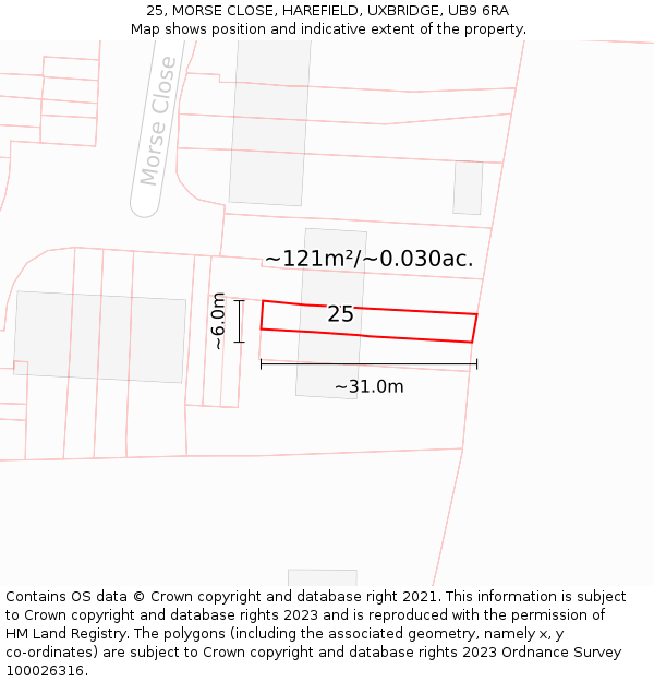 25, MORSE CLOSE, HAREFIELD, UXBRIDGE, UB9 6RA: Plot and title map
