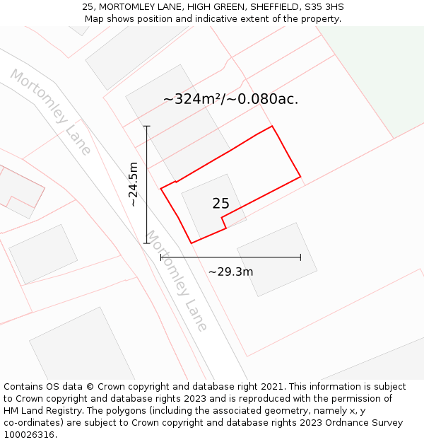 25, MORTOMLEY LANE, HIGH GREEN, SHEFFIELD, S35 3HS: Plot and title map