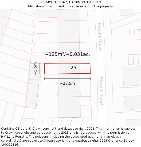 25, MOUNT ROAD, HASTINGS, TN35 5LB: Plot and title map