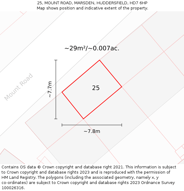 25, MOUNT ROAD, MARSDEN, HUDDERSFIELD, HD7 6HP: Plot and title map
