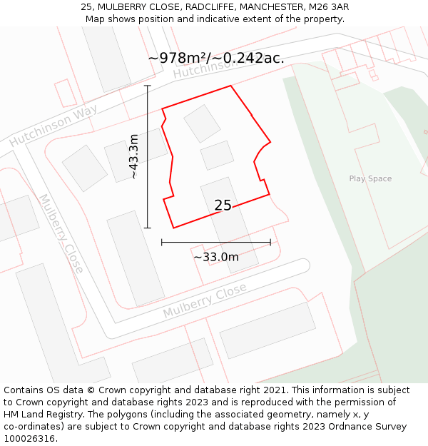 25, MULBERRY CLOSE, RADCLIFFE, MANCHESTER, M26 3AR: Plot and title map