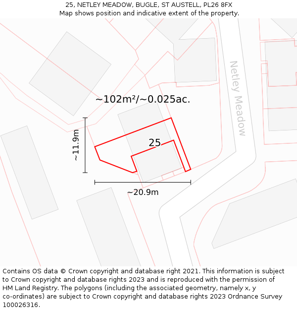 25, NETLEY MEADOW, BUGLE, ST AUSTELL, PL26 8FX: Plot and title map