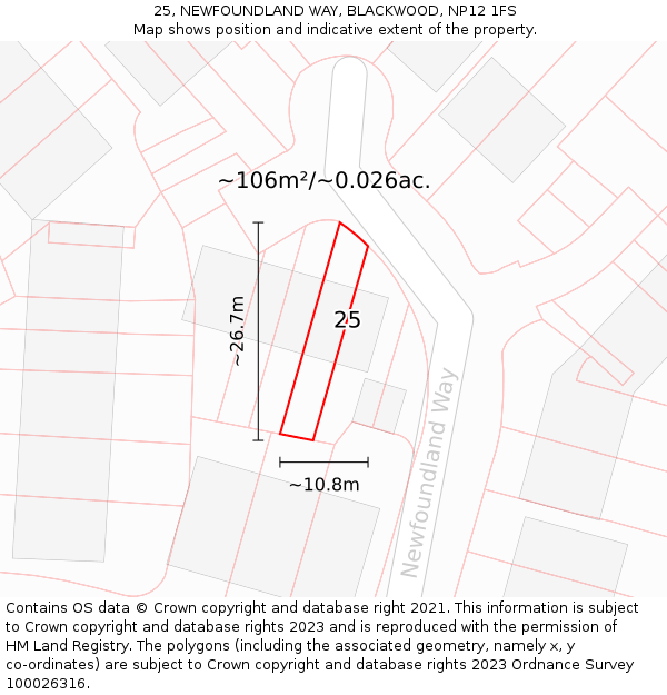 25, NEWFOUNDLAND WAY, BLACKWOOD, NP12 1FS: Plot and title map