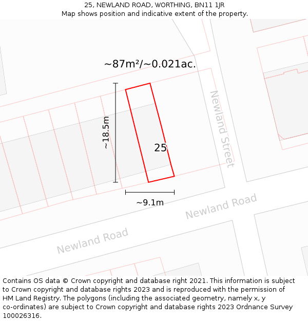 25, NEWLAND ROAD, WORTHING, BN11 1JR: Plot and title map