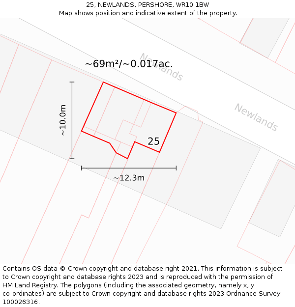 25, NEWLANDS, PERSHORE, WR10 1BW: Plot and title map