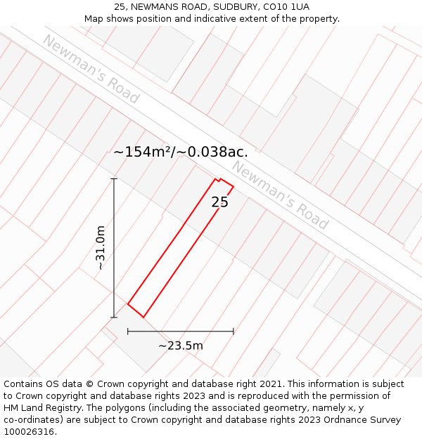 25, NEWMANS ROAD, SUDBURY, CO10 1UA: Plot and title map