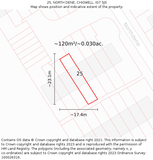25, NORTH DENE, CHIGWELL, IG7 5JS: Plot and title map