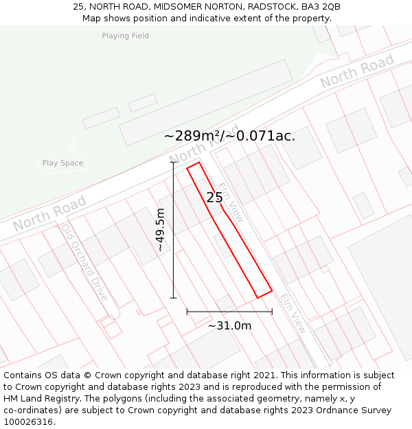25, NORTH ROAD, MIDSOMER NORTON, RADSTOCK, BA3 2QB: Plot and title map