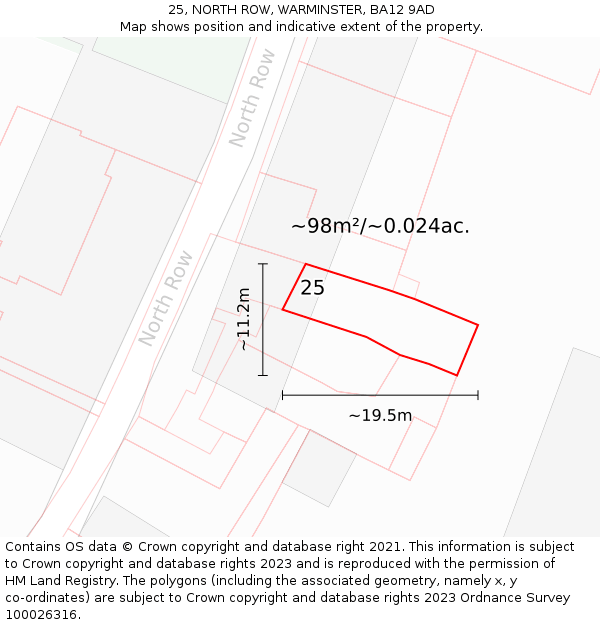 25, NORTH ROW, WARMINSTER, BA12 9AD: Plot and title map