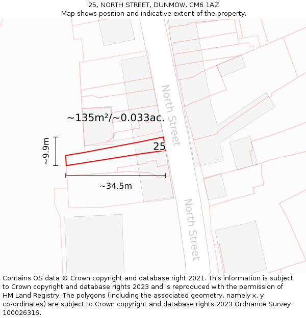 25, NORTH STREET, DUNMOW, CM6 1AZ: Plot and title map