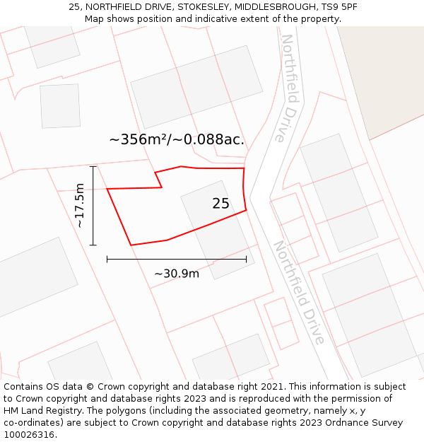 25, NORTHFIELD DRIVE, STOKESLEY, MIDDLESBROUGH, TS9 5PF: Plot and title map