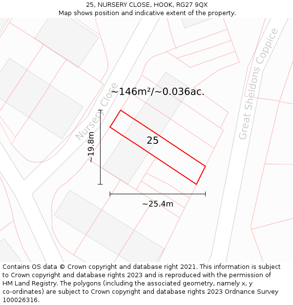 25, NURSERY CLOSE, HOOK, RG27 9QX: Plot and title map