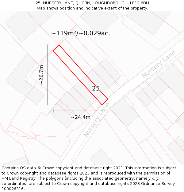 25, NURSERY LANE, QUORN, LOUGHBOROUGH, LE12 8BH: Plot and title map