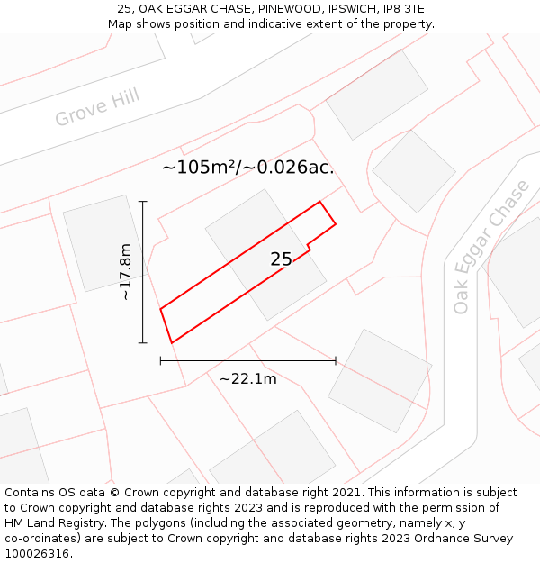 25, OAK EGGAR CHASE, PINEWOOD, IPSWICH, IP8 3TE: Plot and title map
