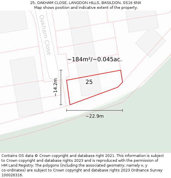25, OAKHAM CLOSE, LANGDON HILLS, BASILDON, SS16 6NX: Plot and title map