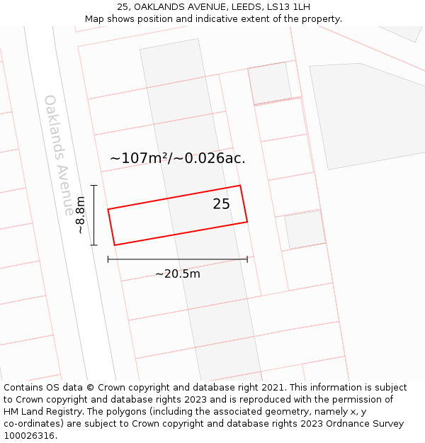 25, OAKLANDS AVENUE, LEEDS, LS13 1LH: Plot and title map