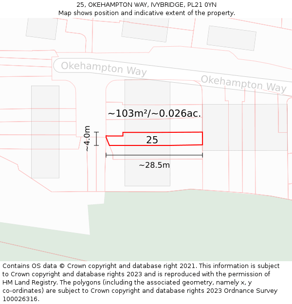 25, OKEHAMPTON WAY, IVYBRIDGE, PL21 0YN: Plot and title map