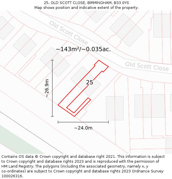 25, OLD SCOTT CLOSE, BIRMINGHAM, B33 0YS: Plot and title map