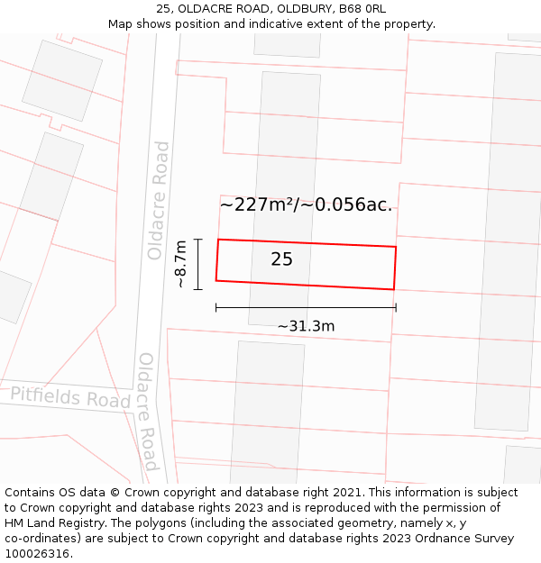 25, OLDACRE ROAD, OLDBURY, B68 0RL: Plot and title map