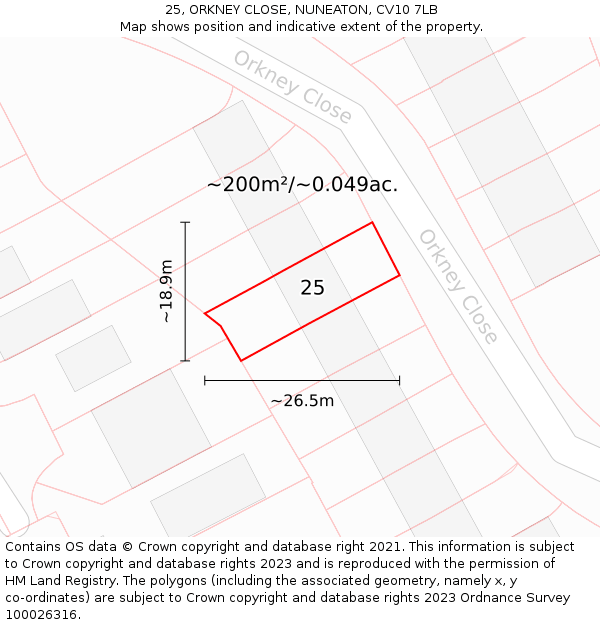 25, ORKNEY CLOSE, NUNEATON, CV10 7LB: Plot and title map