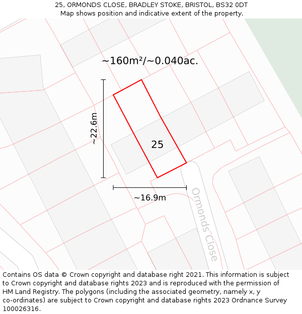 25, ORMONDS CLOSE, BRADLEY STOKE, BRISTOL, BS32 0DT: Plot and title map