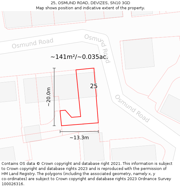 25, OSMUND ROAD, DEVIZES, SN10 3GD: Plot and title map