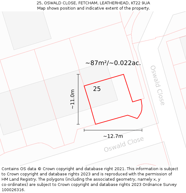 25, OSWALD CLOSE, FETCHAM, LEATHERHEAD, KT22 9UA: Plot and title map